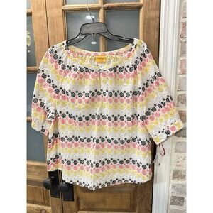 Ruby Rd. White Pink Black Yellow Eyelet Embroidered Blouse Shirt Top Sz L